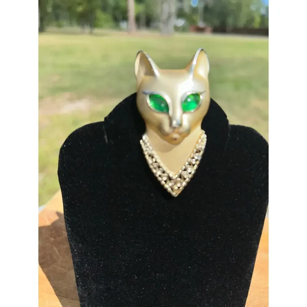 Vintage AJC Egyptian Cat Brooch Gold Tone Matte Finish Green Eyes Pin